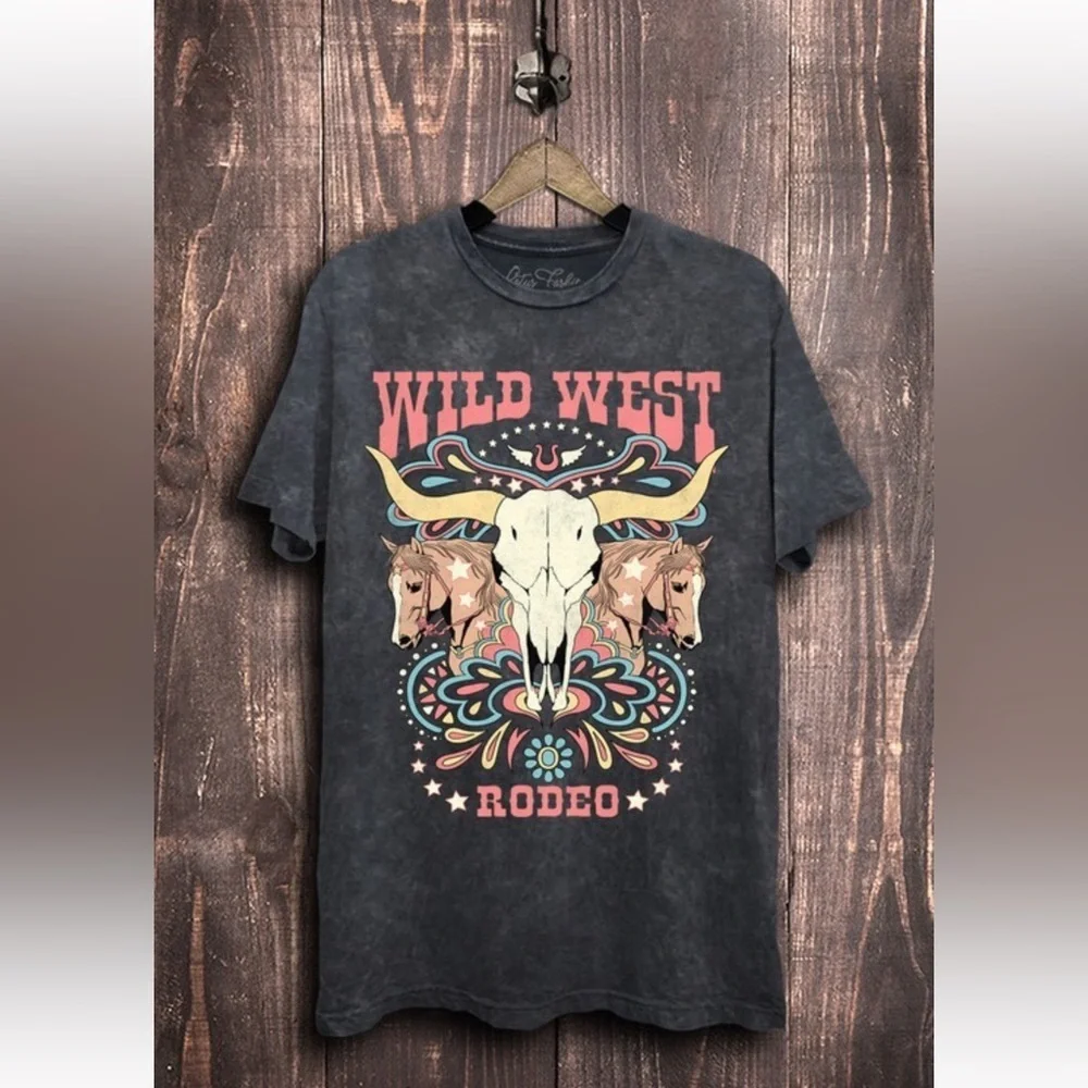 Wild West Rodeo Graphic T-Shirt Mineral Wash Black size small - Picture 1 of 1